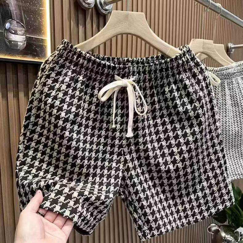 Men's Casual Houndstooth Shorts with Tie Waist