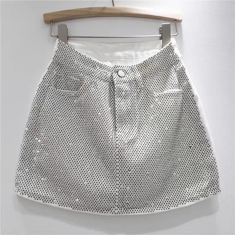Heavyweight sequined denim half-length skirt
