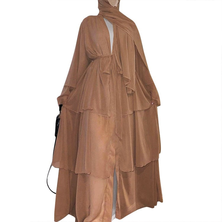 Stitching three-layer chiffon elegant cardigan dress robe