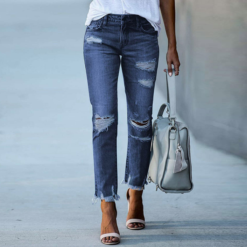Women's Straight Ripped Denim Jeans