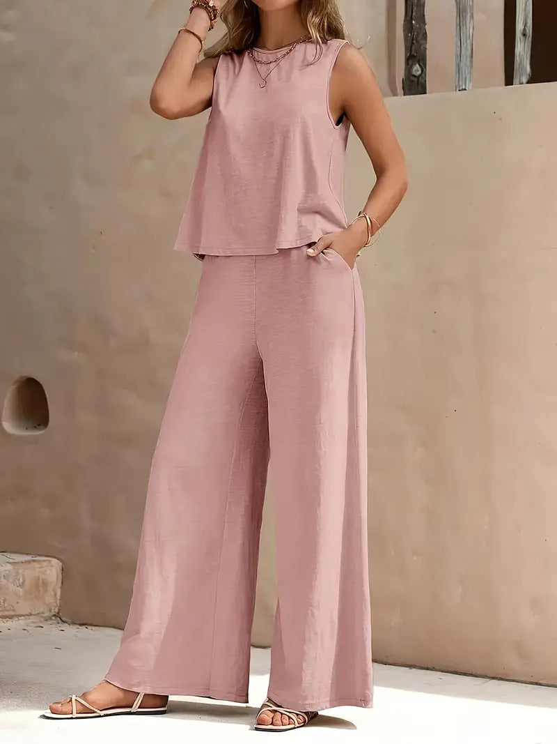 Solid-color tank top and wide-leg pants set