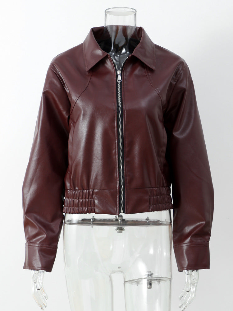 Lace-up short leather jacket coat