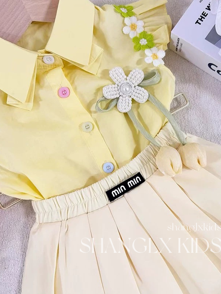 Girls' preppy floral pleated outfit - Two-piece set top and skirt