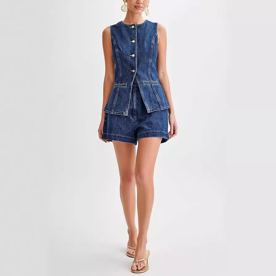 Women's Denim Sleeveless Top and Shorts Set