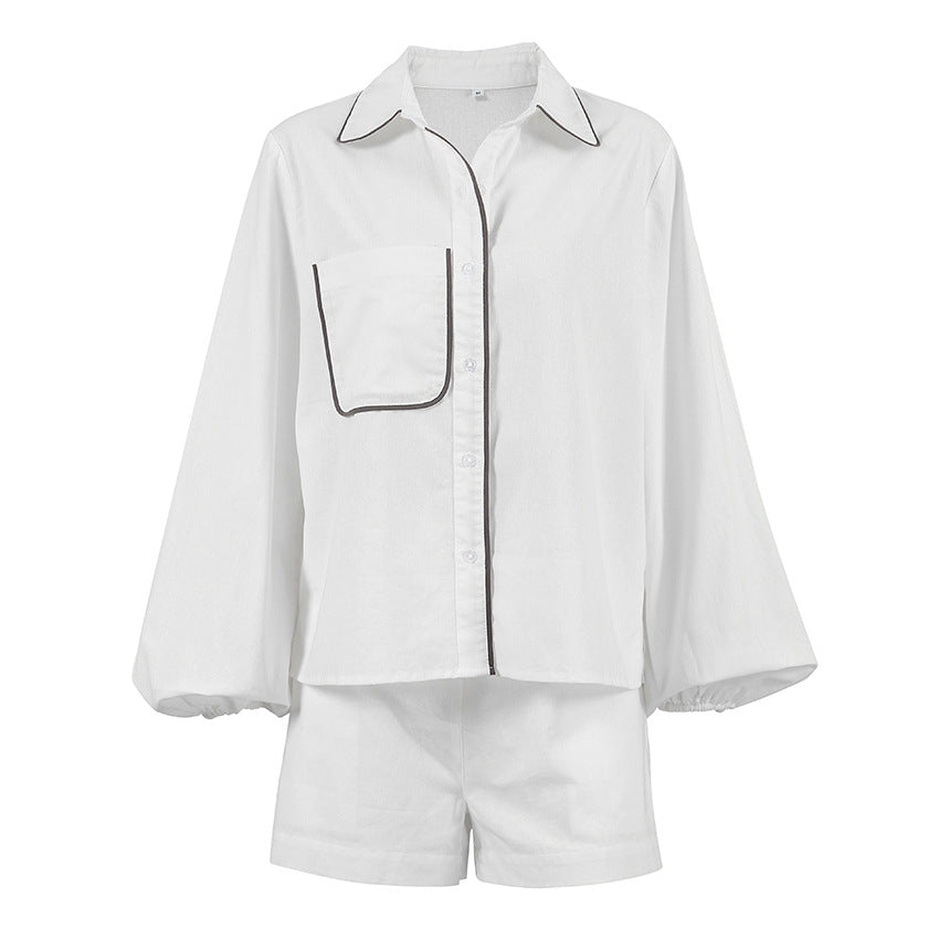 Casual Cotton Linen Long Sleeve Shirt and Shorts Set