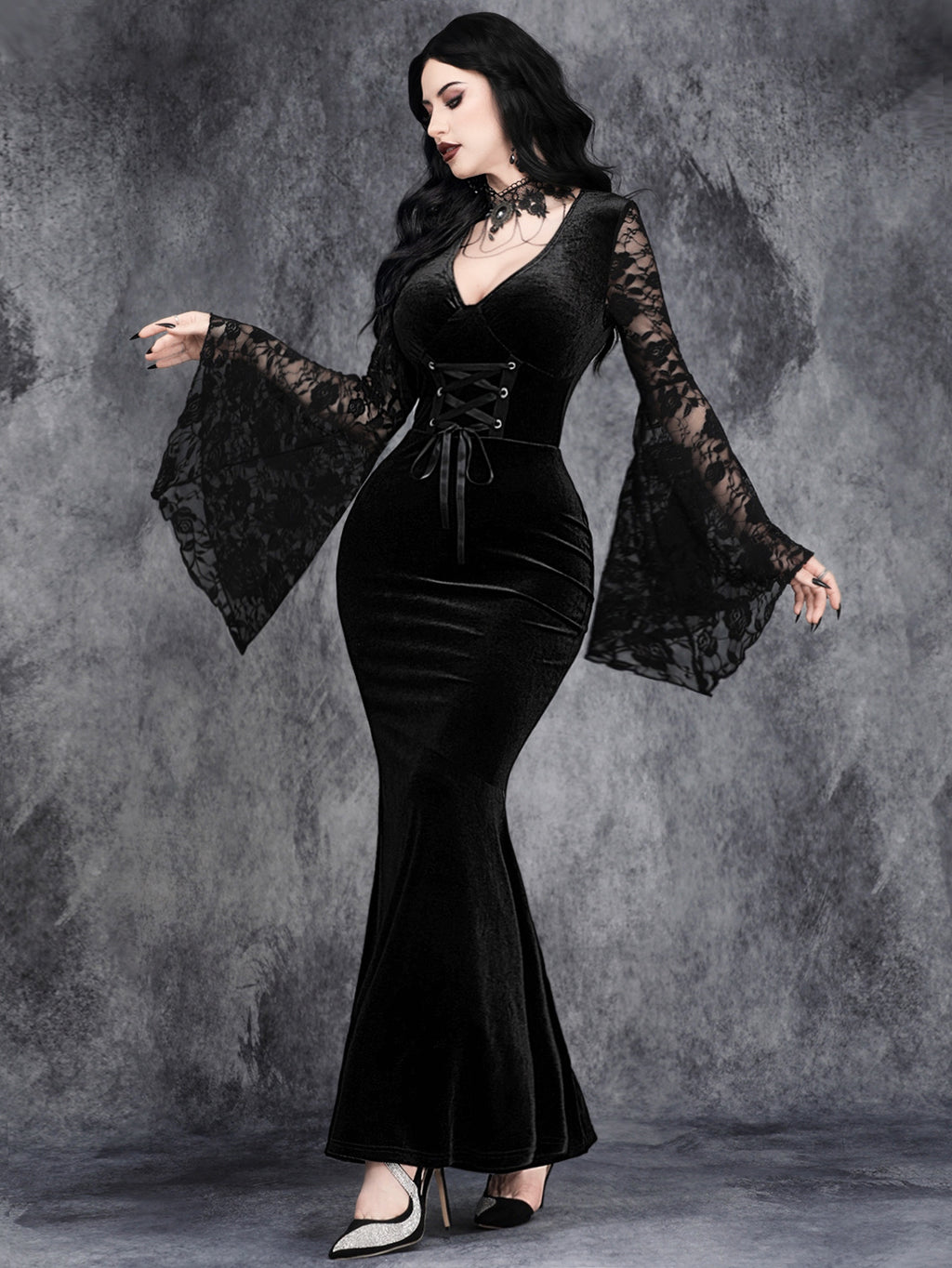 Gothic Lace-Up Bell Sleeve Dress