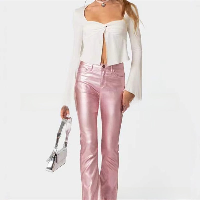 Breathable Flared Denim Leather Pants