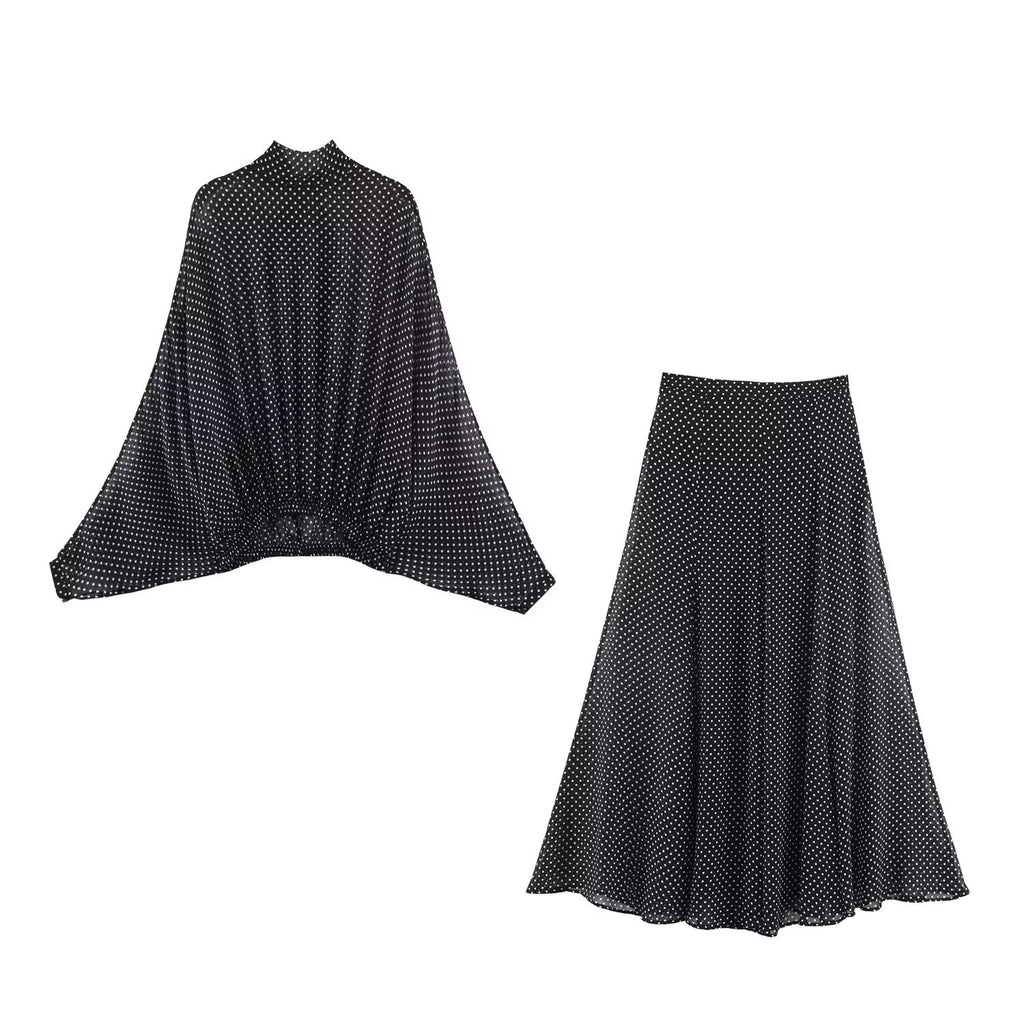 Butterfly Bow Blouse and Polka Dot Maxi Skirt Set