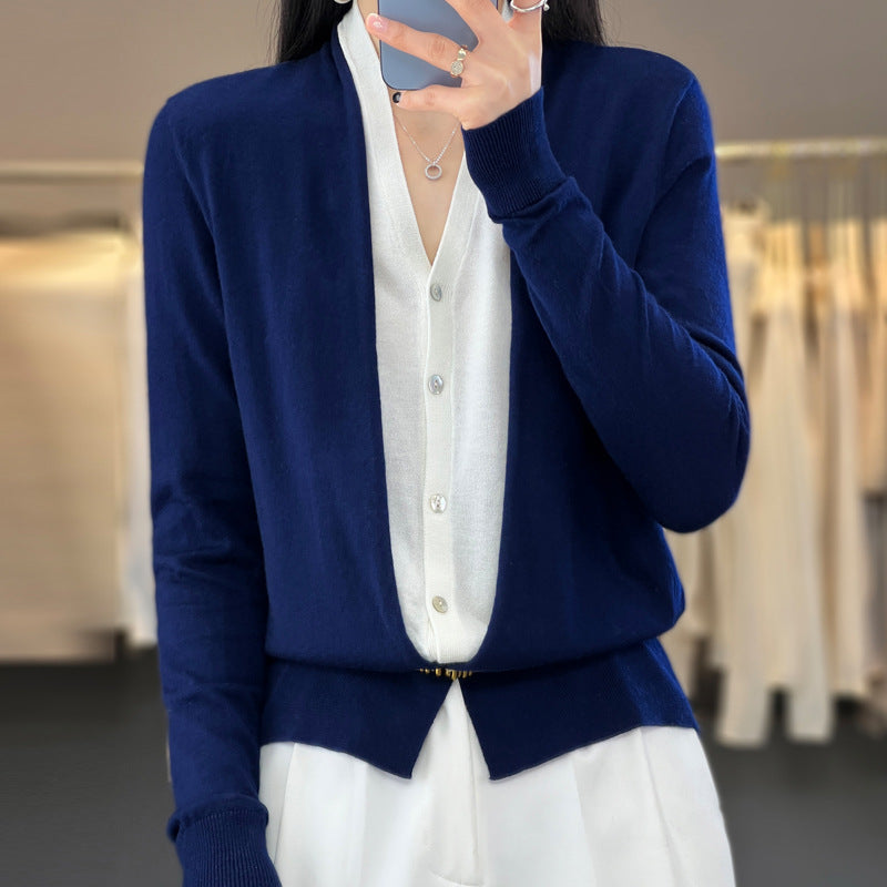 Women's V-neck Two-tone Knit Cardigan