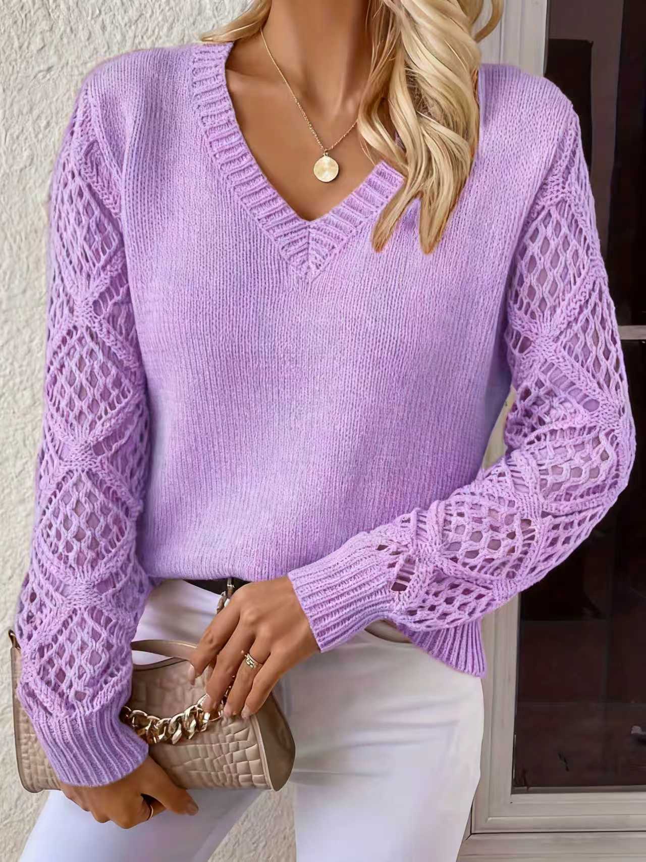 Lace Knitted Sweater Women's Loose V-Neck Long Sleeve Pullover
