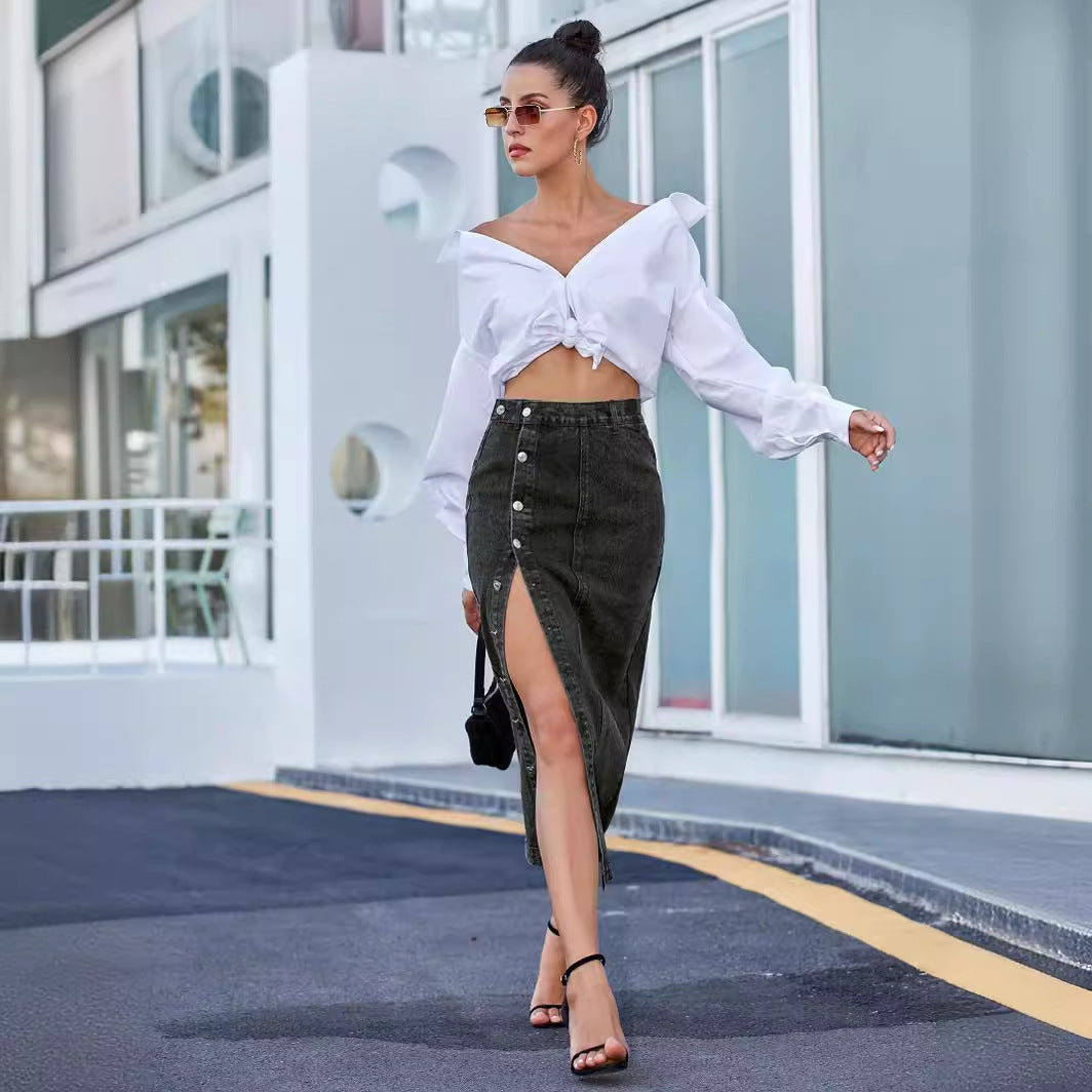 High-waisted split hem denim skirt