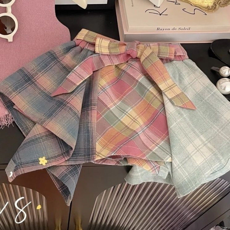 Girls' Summer Knitted Vest and Plaid Culottes Set