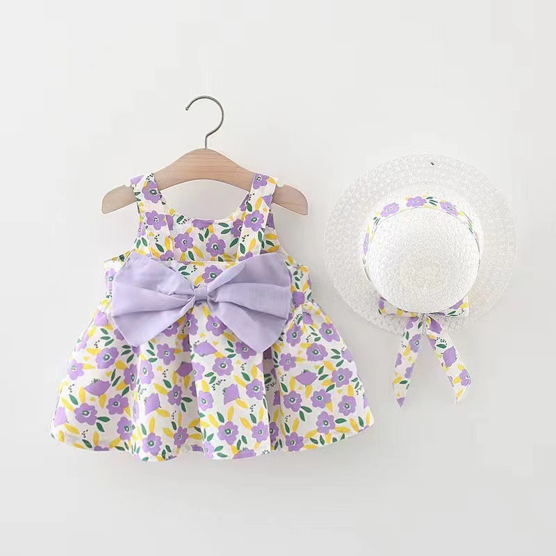 Girls' Summer Sleeveless Bow Dress with Hat