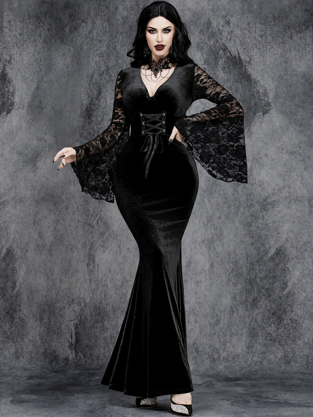 Gothic Lace-Up Bell Sleeve Dress