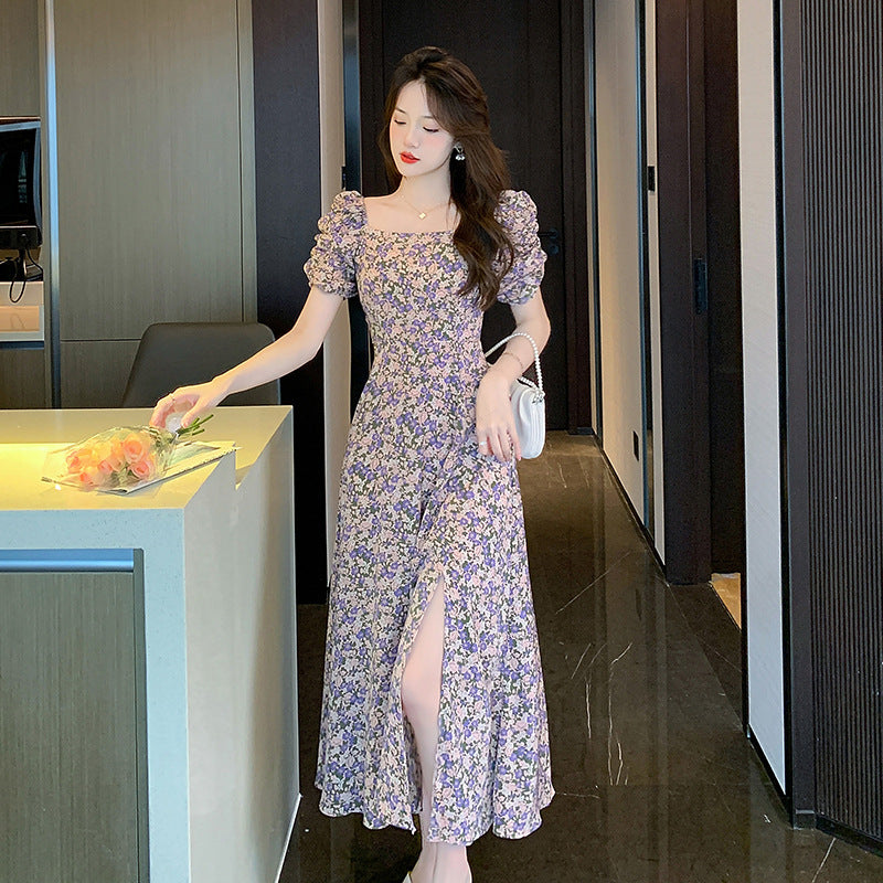French Floral Print Square Neck Bubble Sleeve Midi Dress