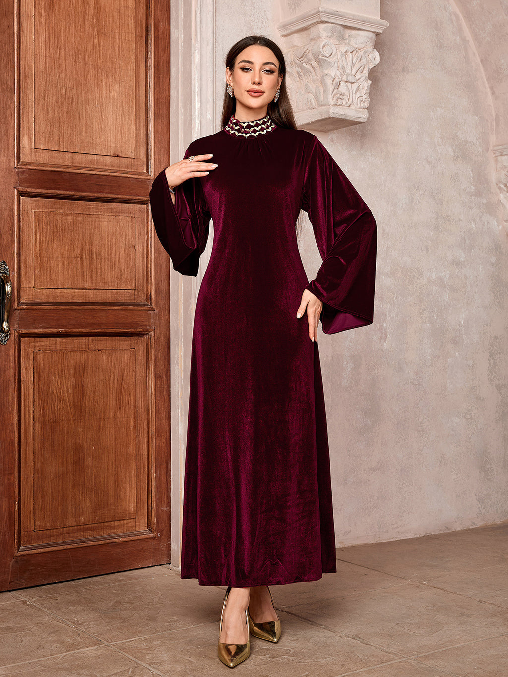Embroidered trumpet sleeve dress