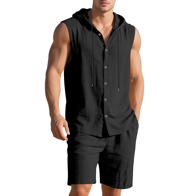 Men's Linen Hooded Vest and Shorts Set