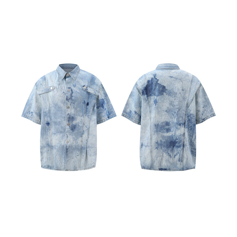 Tie-dyed gradient denim short-sleeved top and shorts set
