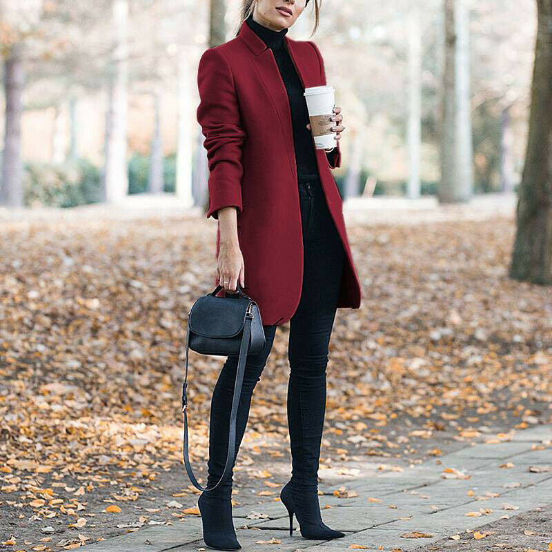 Solid color stand collar wool coat
