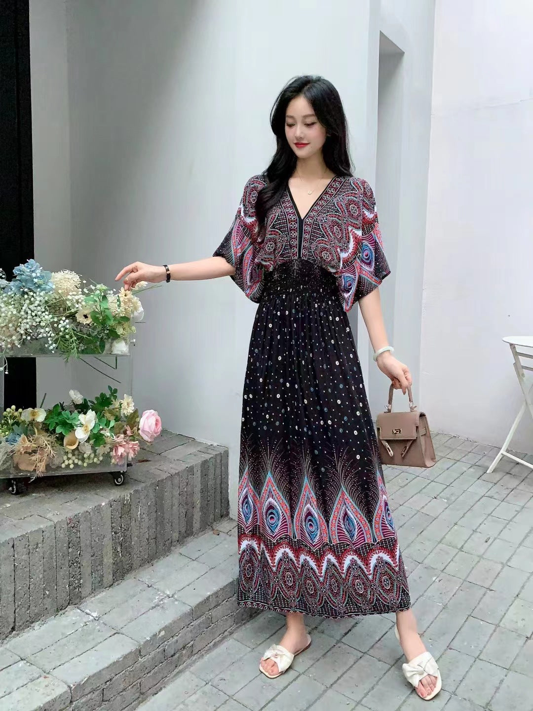 V-neck beach vacation dress