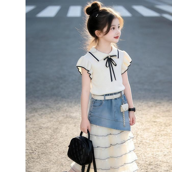 Girls' Denim Patchwork Tulle Skirt - Two-piece set