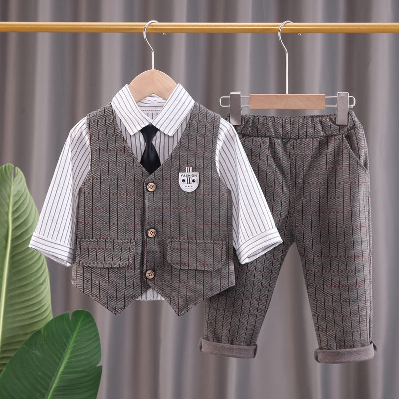 Boys' Autumn Plaid Cardigan Vest Trousers Set