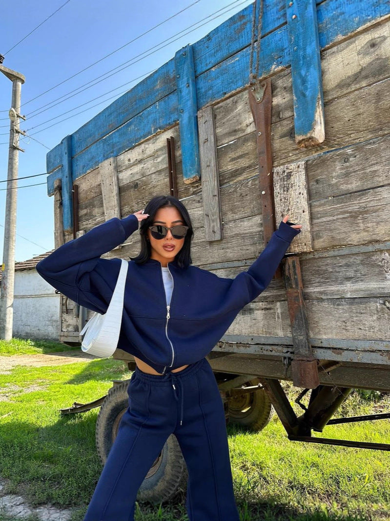 Women's Casual Zipper Jacket and Trousers Set