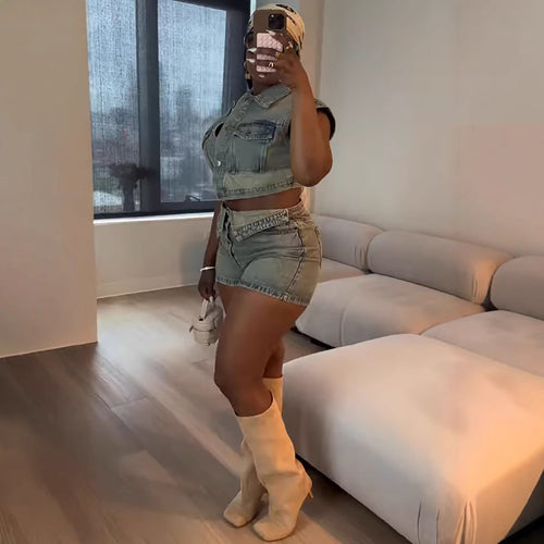 Women's denim jacket and high-waisted shorts