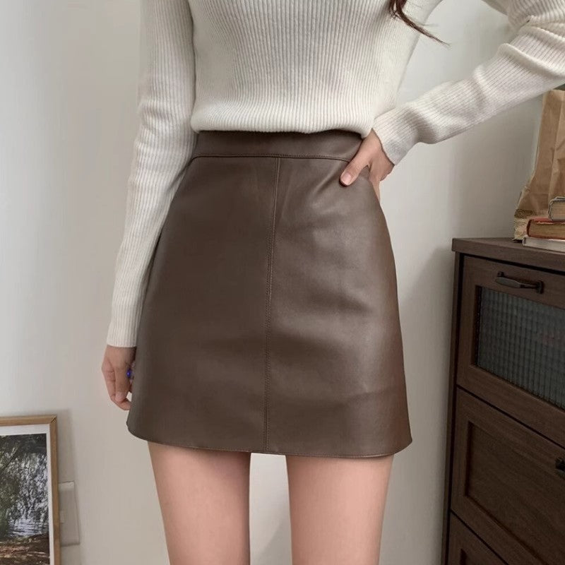 High Waist PU Leather A-Line Skirt