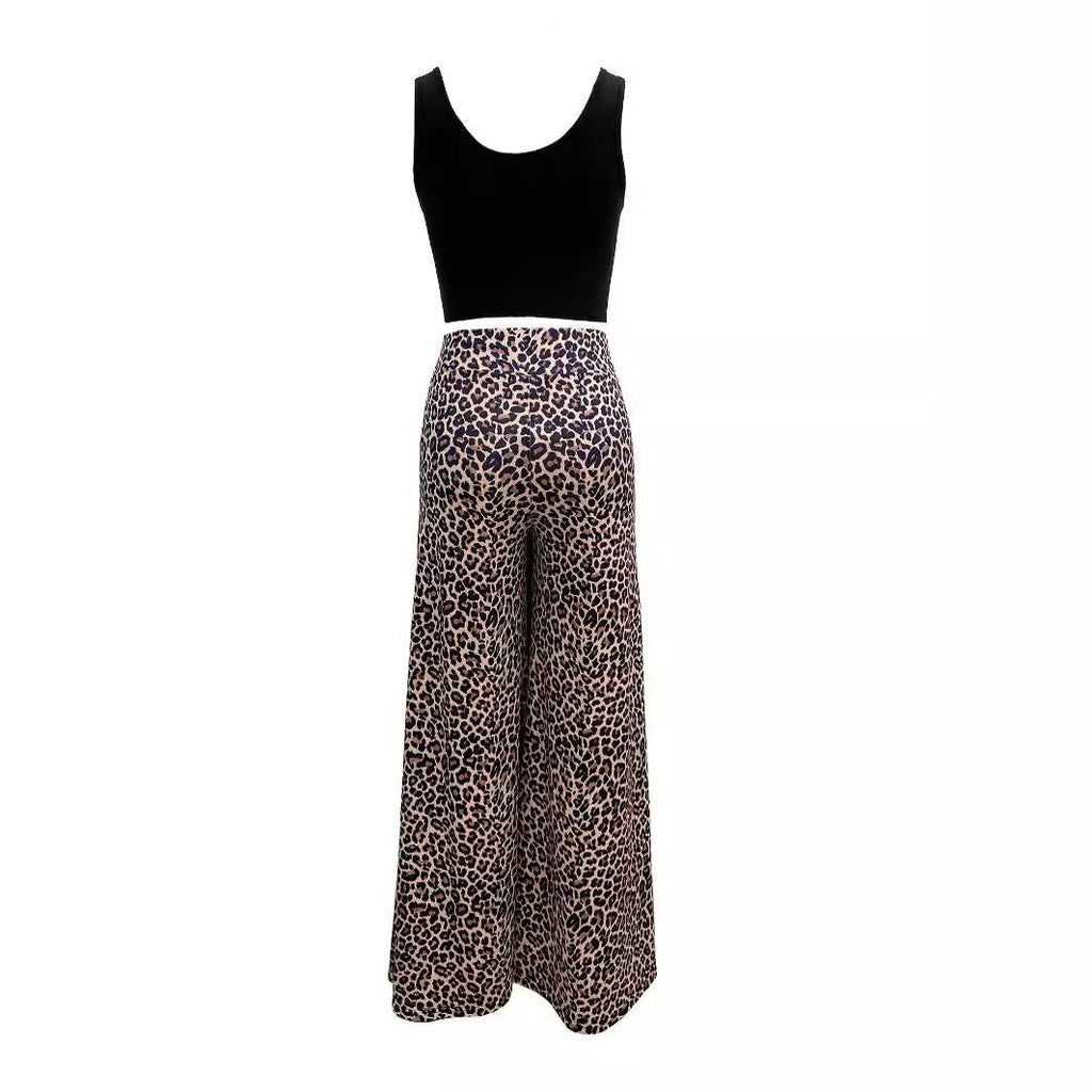 Women's Leopard Print Sleeveless Vest and Wide Leg Trousers