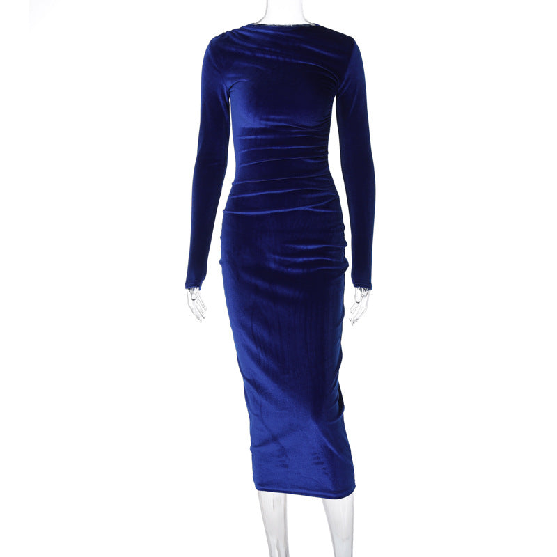 Solid-color fitted pleated round-neck long-sleeved dress