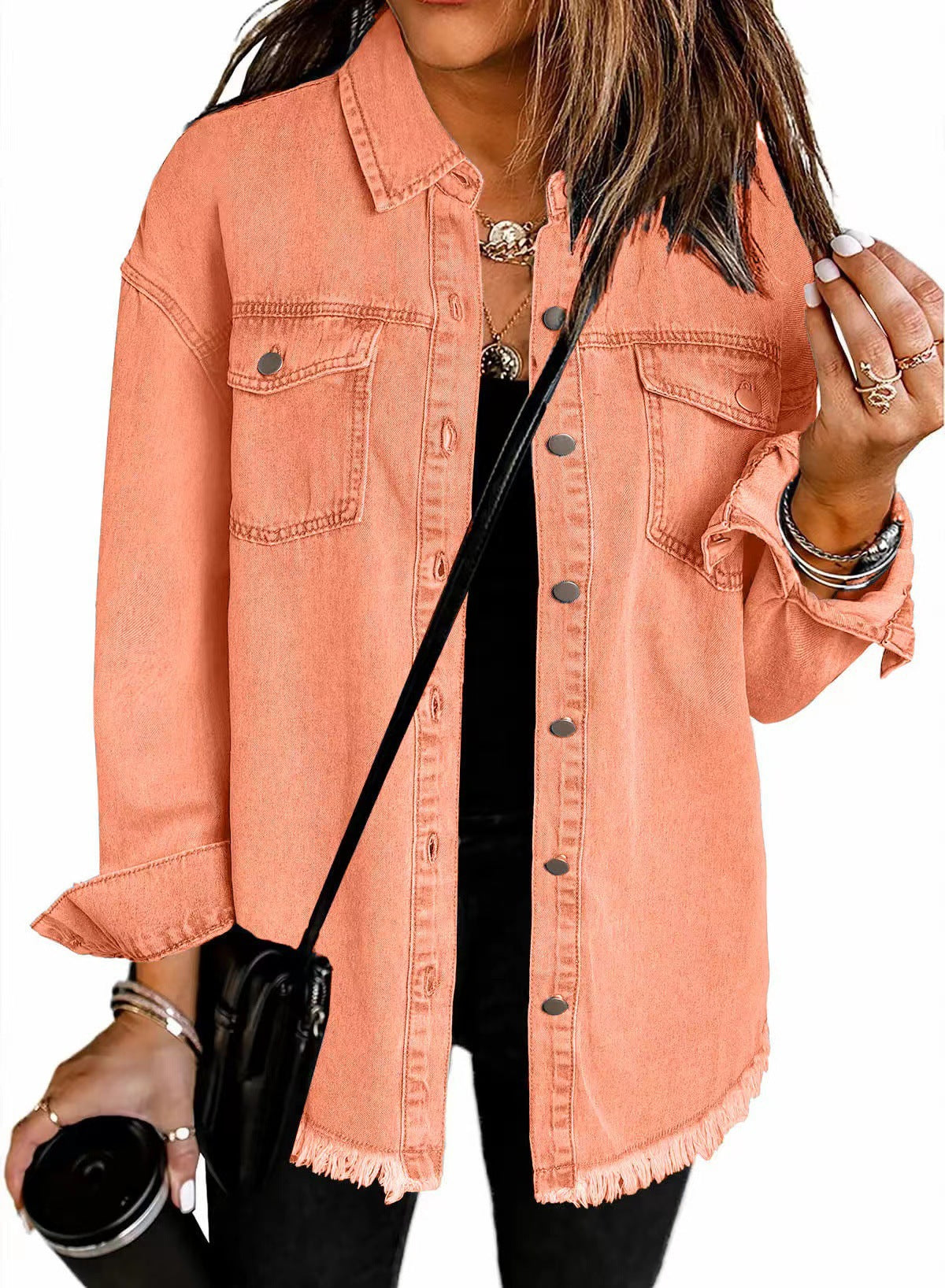 Washed Denim Shirt Jacket with Frayed Hem