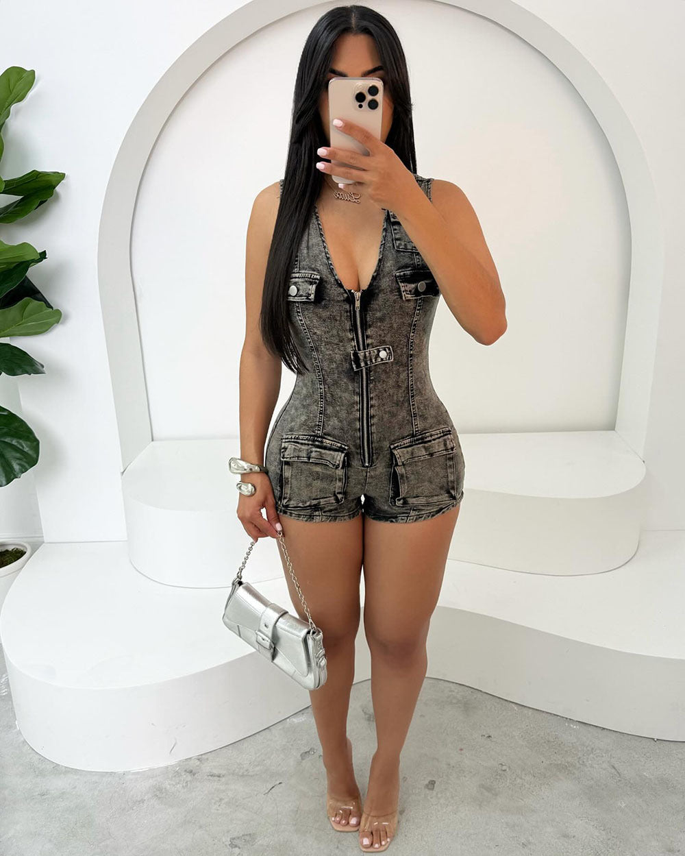 Women's Stretch Denim Jumpsuit Sleeveless High Waist