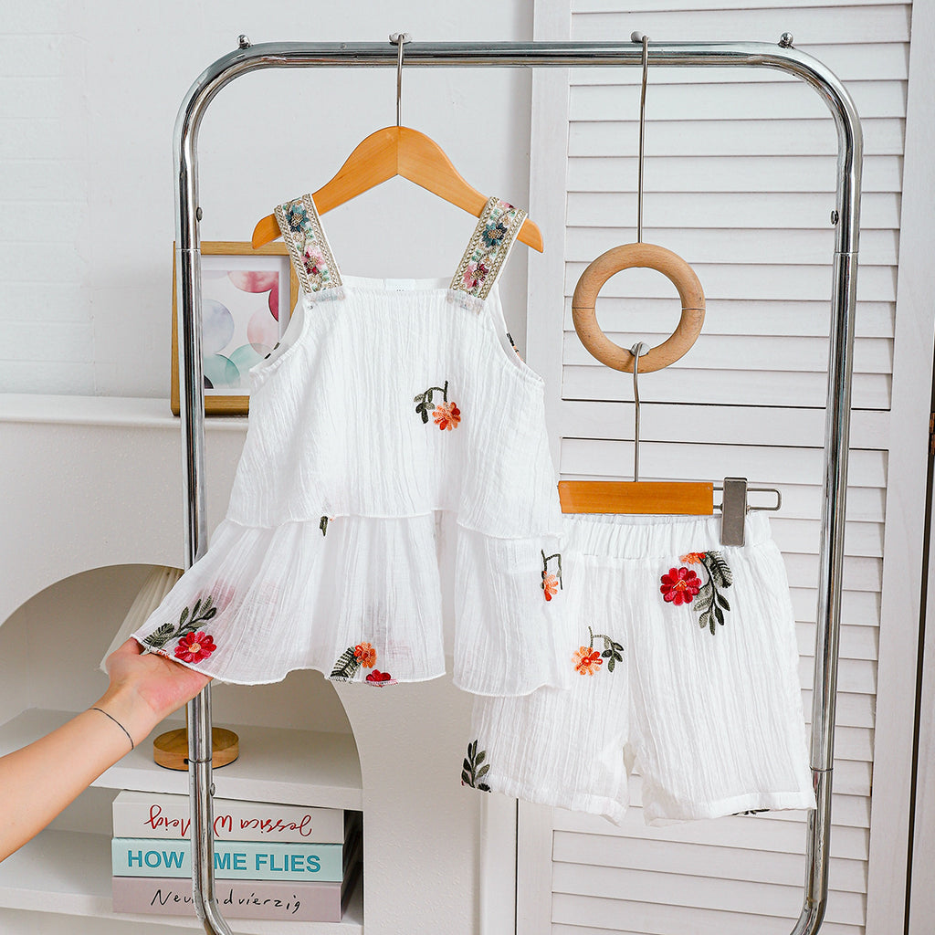 Girls' Embroidered Suspender and Shorts Set