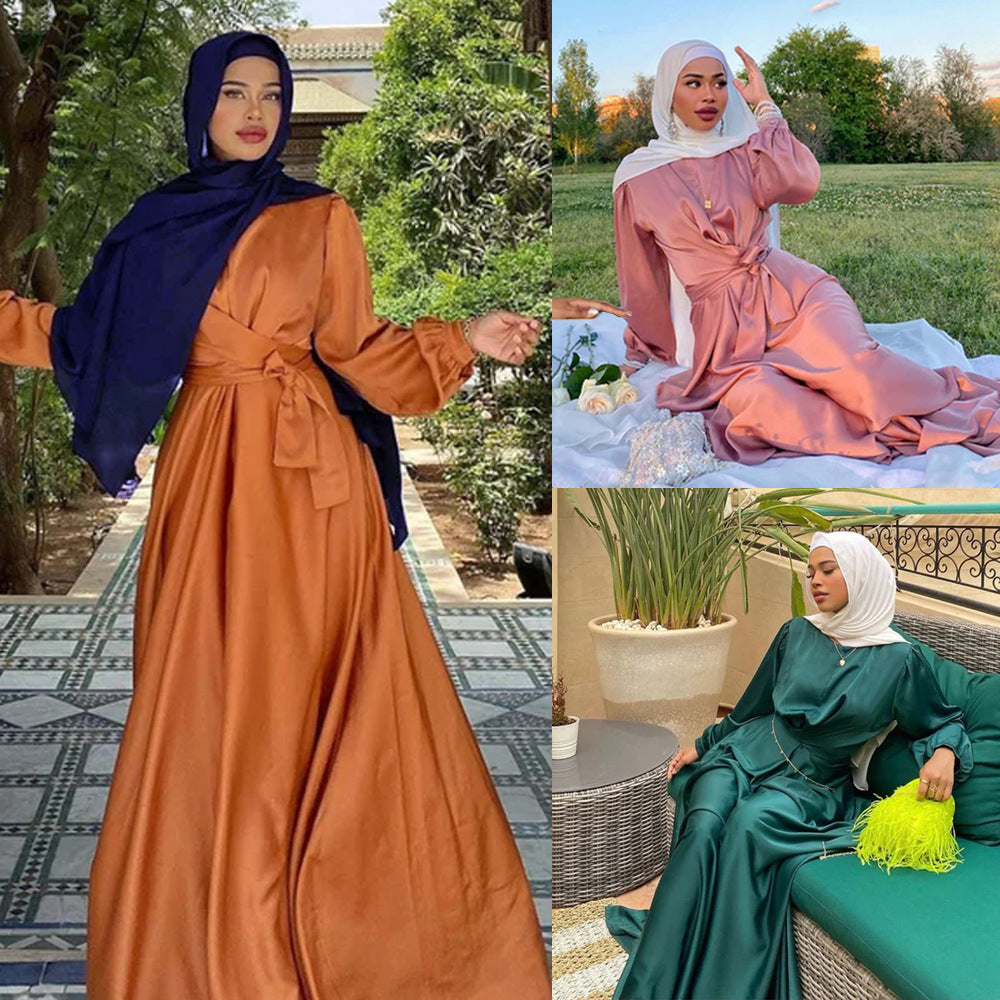 Solid-color long robe and ankle-length dress