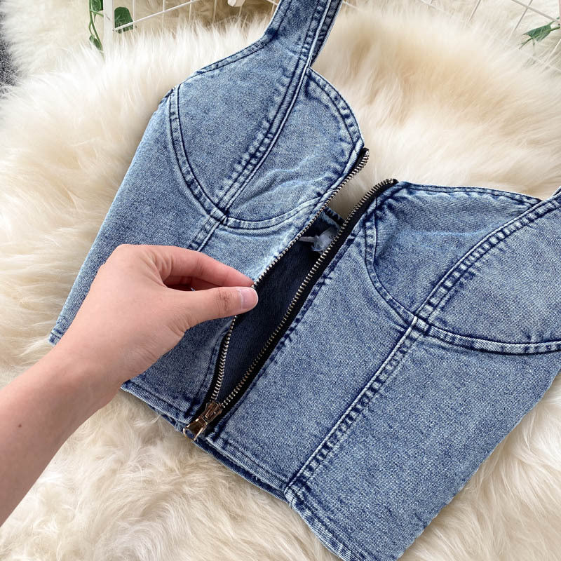 Women's Denim Camisole and High Waist Skirt Set