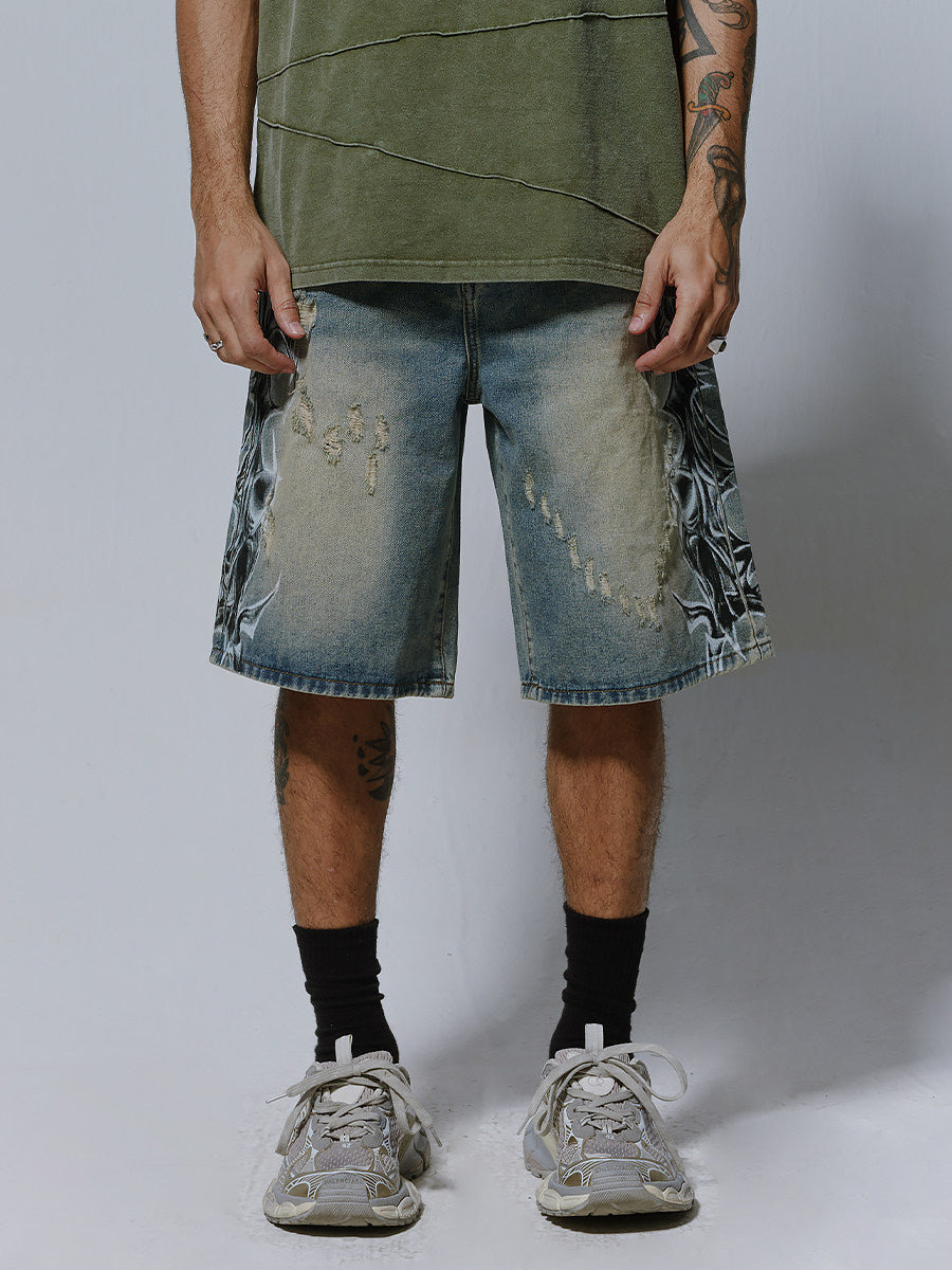 Men's Distressed Spray-Print Denim Shorts