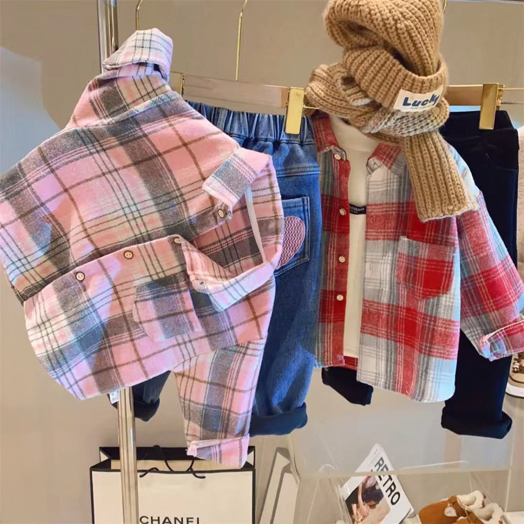Kids Lapel Shirts with Striped and Grid Patterns