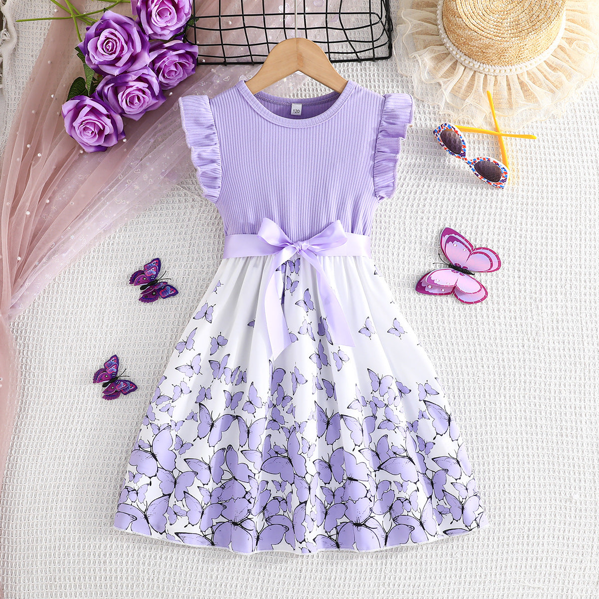 Girls' Flutter Sleeve Butterfly Print Dress
