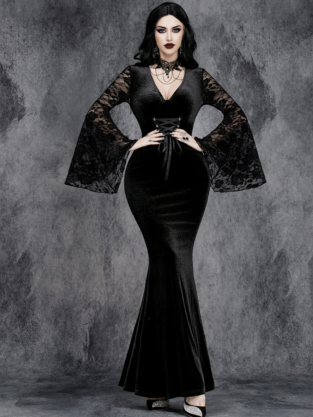 Gothic Lace-Up Bell Sleeve Dress