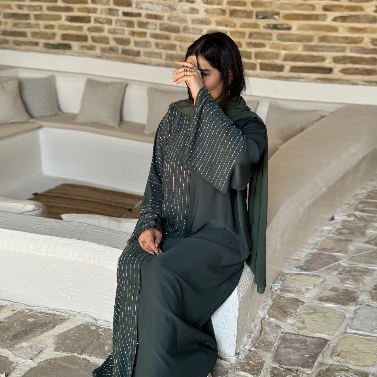 Modest Dark Green Muslim Women's Robe with Hidden Buttons