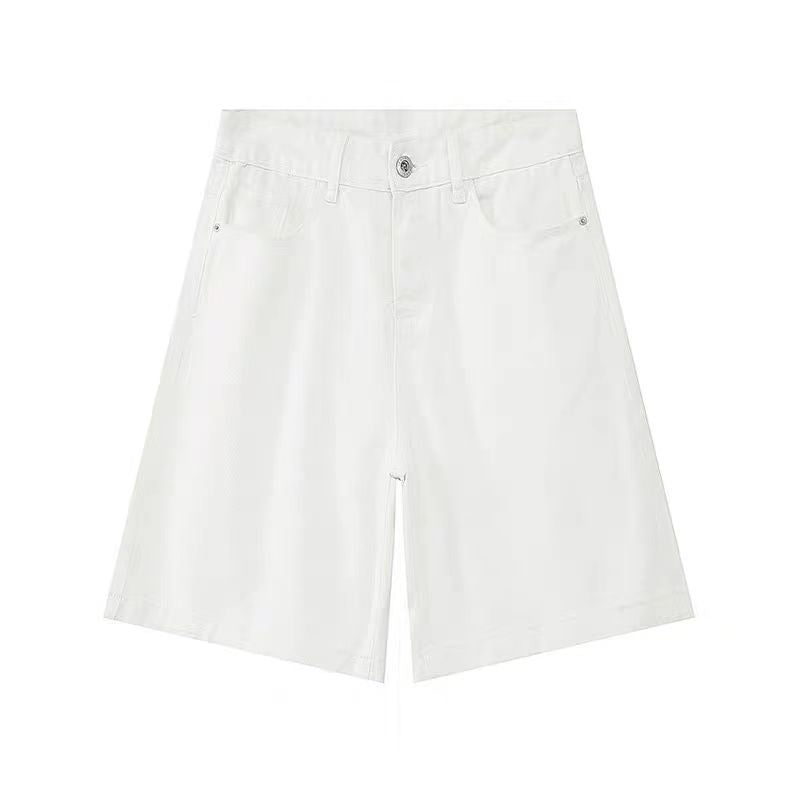 Distressed blue denim shorts