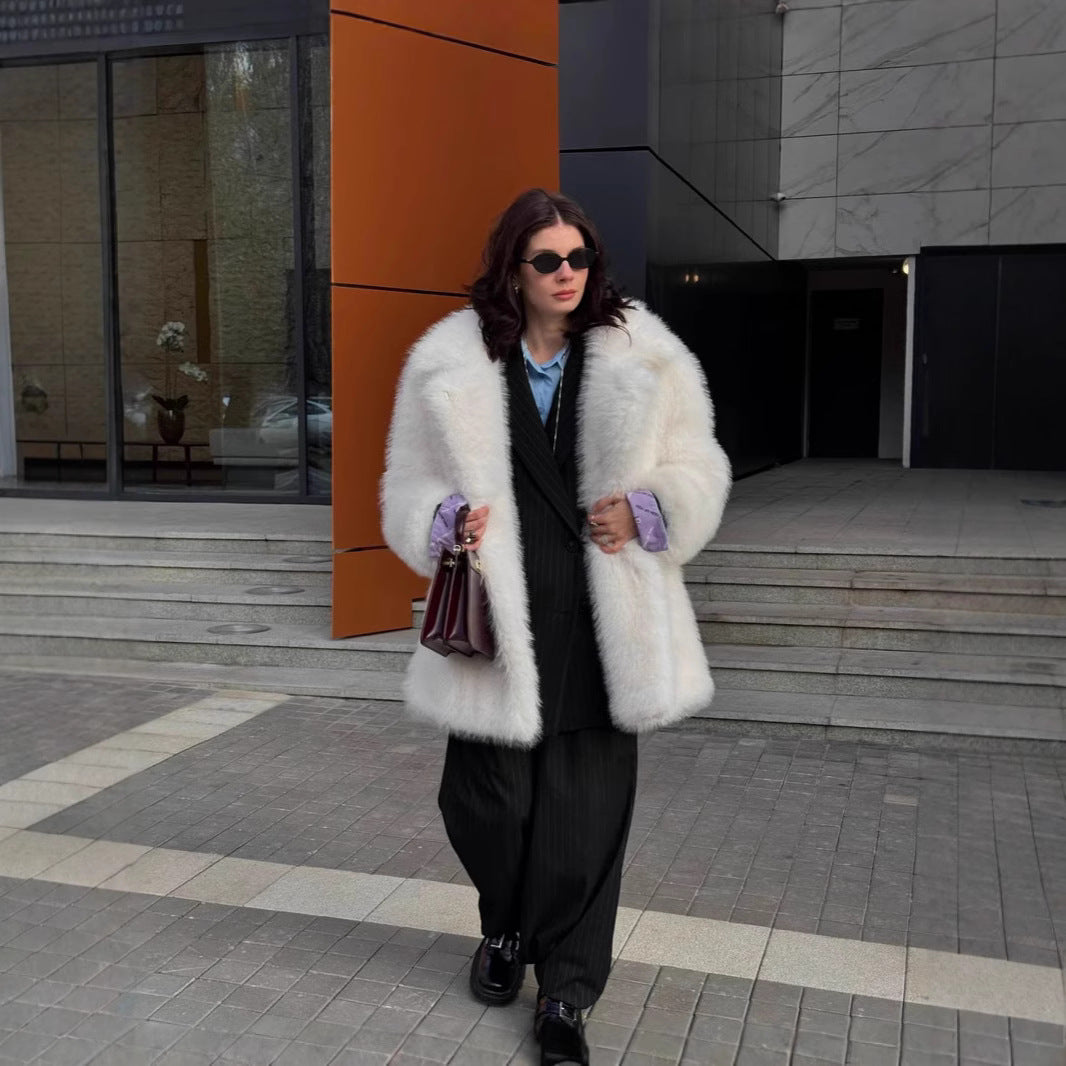 Women's Faux Fur Mid-Length Coat with Extended Collar