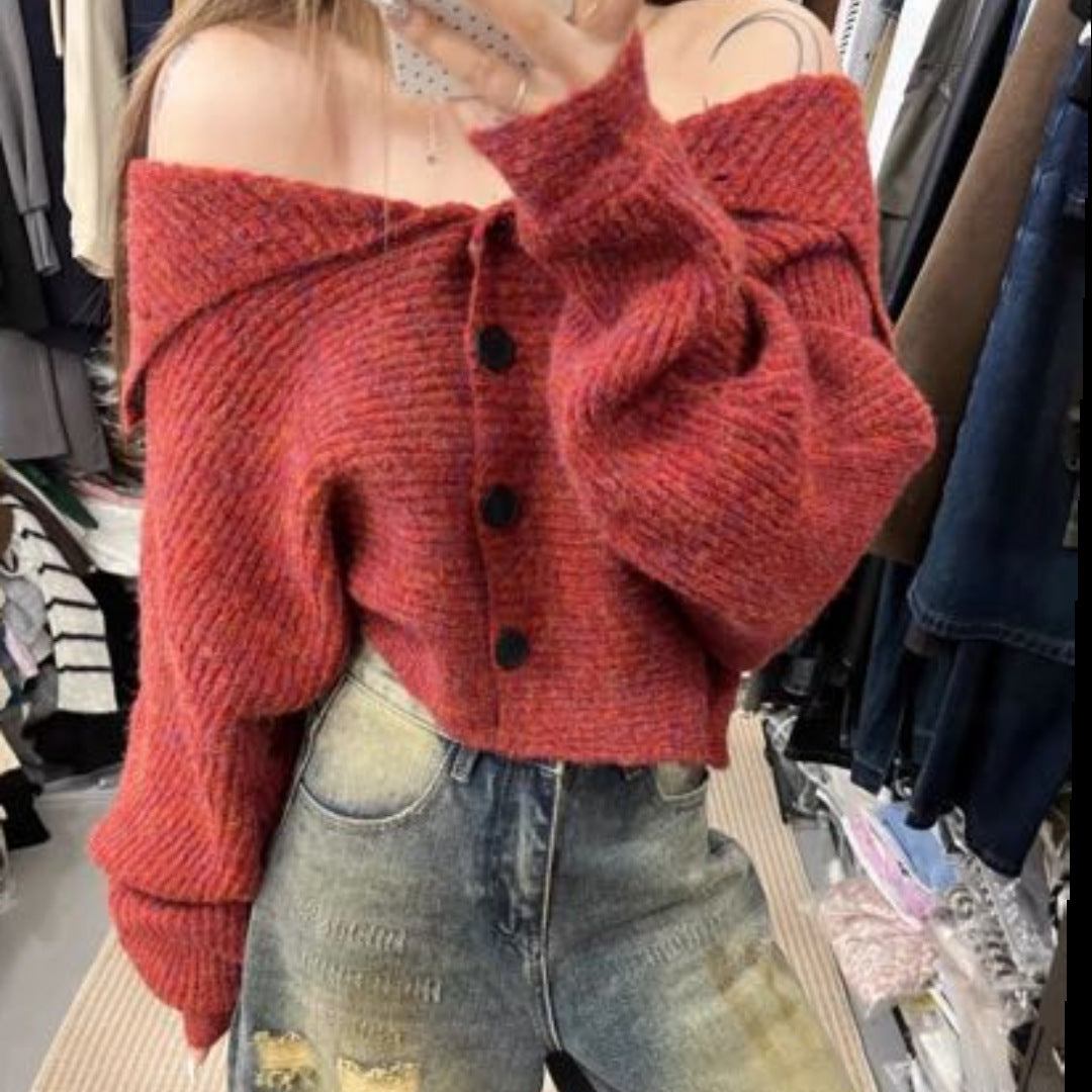 Loose Fit High Neck Long Sleeve Knit Cardigan