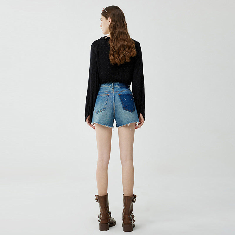 Embroidered High Waist Denim Shorts
