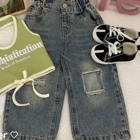 Girls' Summer Camisole Ripped Jeans