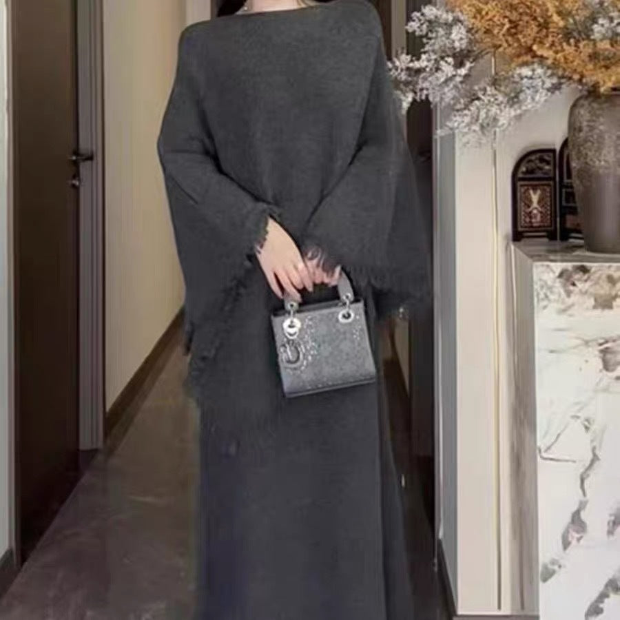 Women?s Knitted Suit - Two-piece set knitted cape jacket and matching skirt