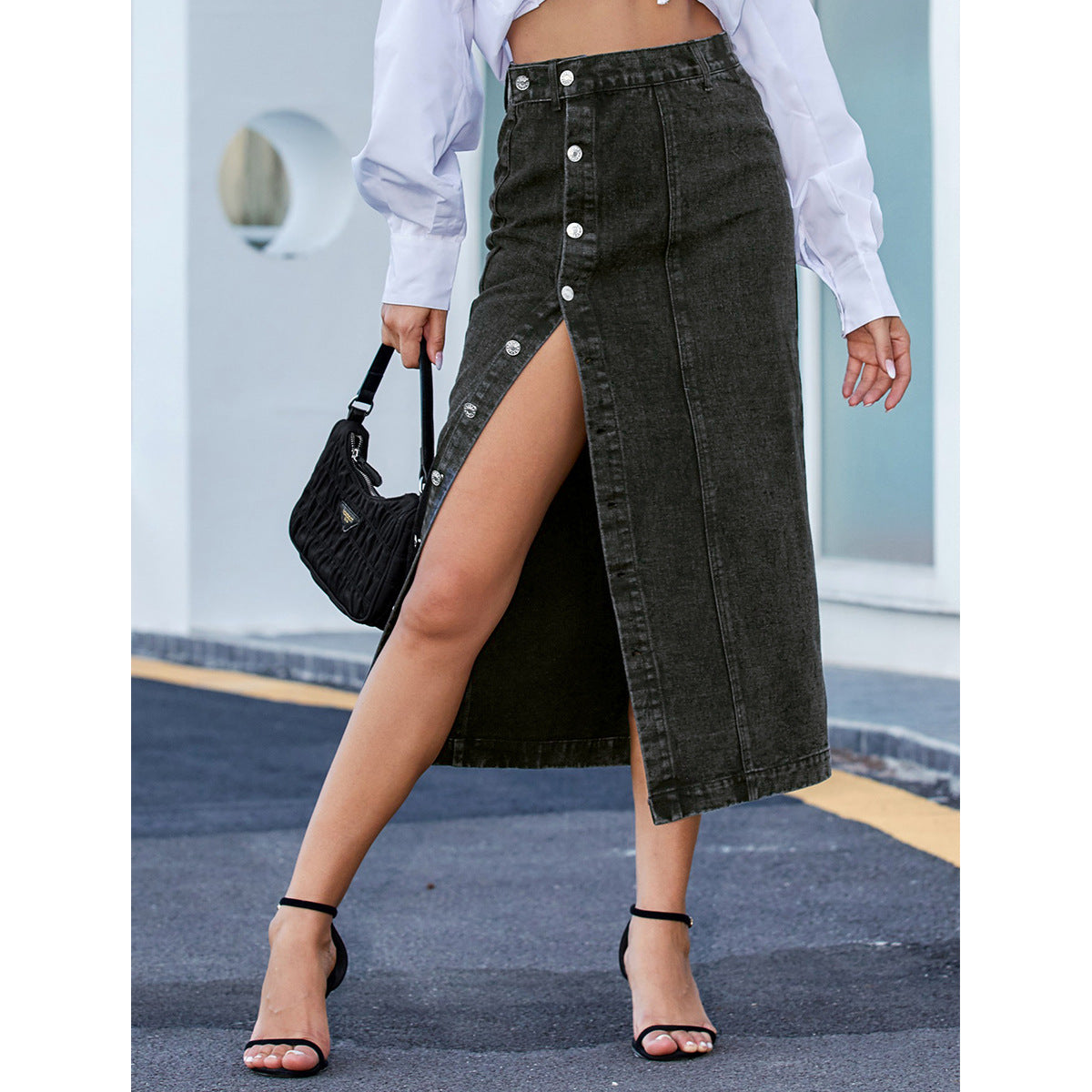 High-waisted split hem denim skirt