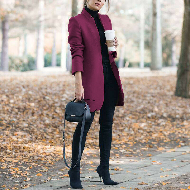 Solid color stand collar wool coat