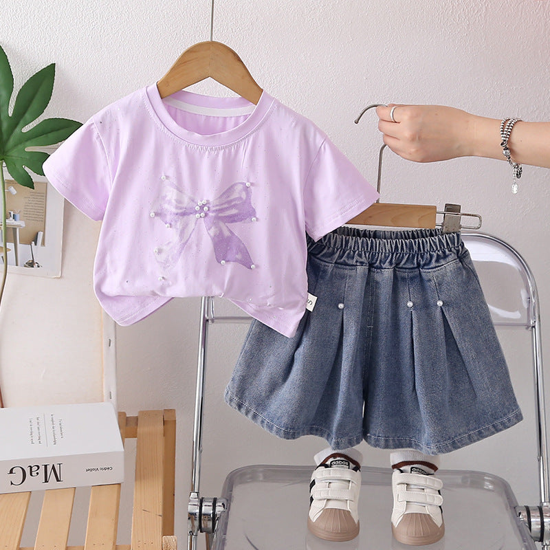 Girls' Short Sleeve Two-Piece Set with Bow
